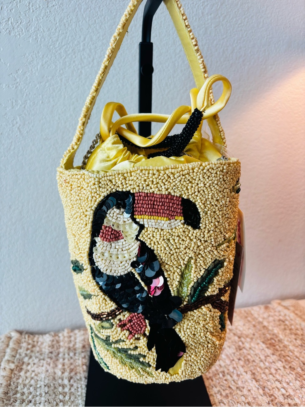 Tropical Toucan Beaded Drawstring Bucket Bag - designer style